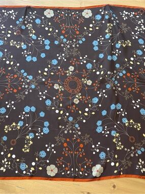 Rochas Brown Floral Silk Scarf with Blue, Orange, Yellow Accents